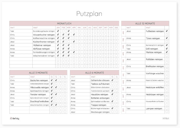 Putzplan für WGs - Download PDF - Monatsplaner & Jahresplaner